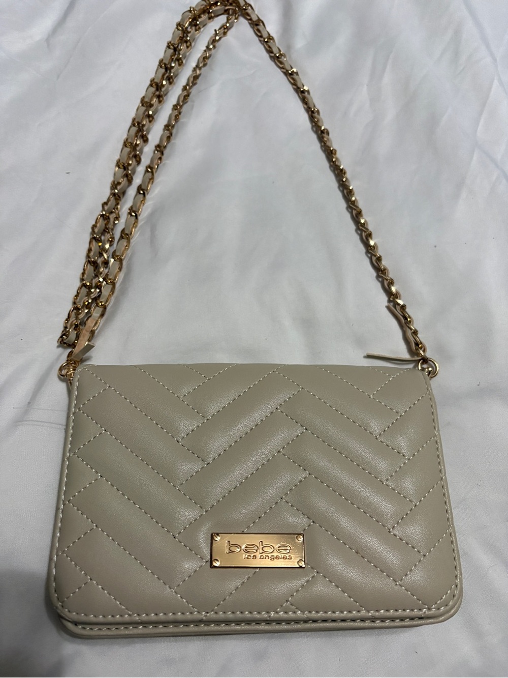 bebe Quilted Crossbody Bag in Taupe with Gold Chain